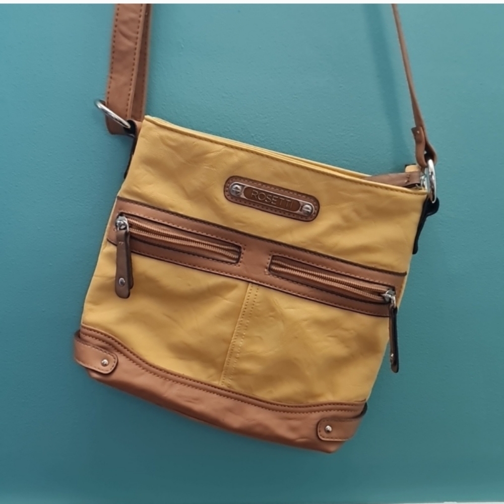 Rosetti yellow and brown small purse shoulder bag cross body. Faux leather vegan